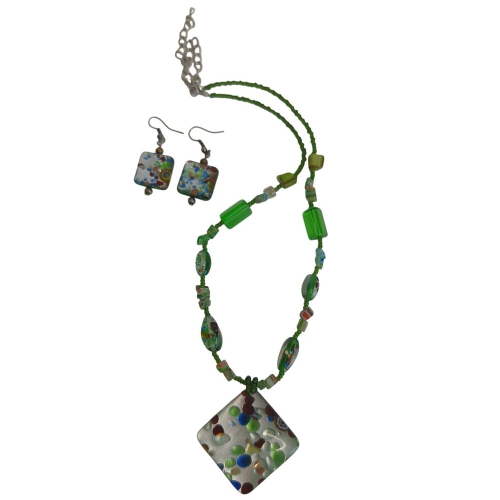 Handcrafted Green Bead and Pendant Glass Necklace & Hook Dangle Earrings Set